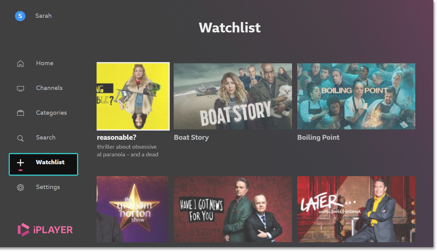 Image from the iPlayer TV app opened at the Watchlist. The Watchlist menu icon is highlighted on the left-hand side