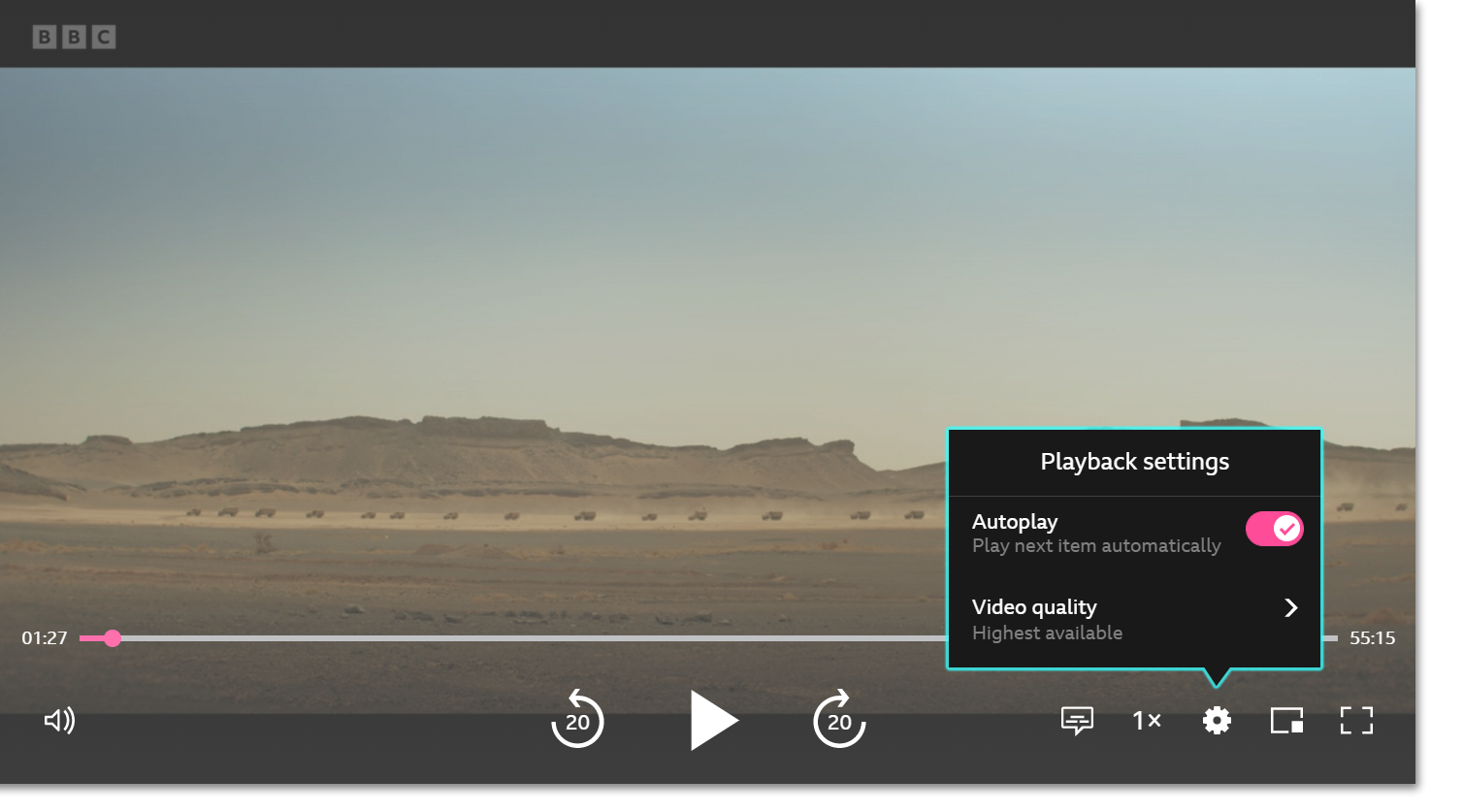 Image showing the playback screen on the iPlayer website. The Settings icon is selection and the menu highlighted. The autoplay toggle switched on. 