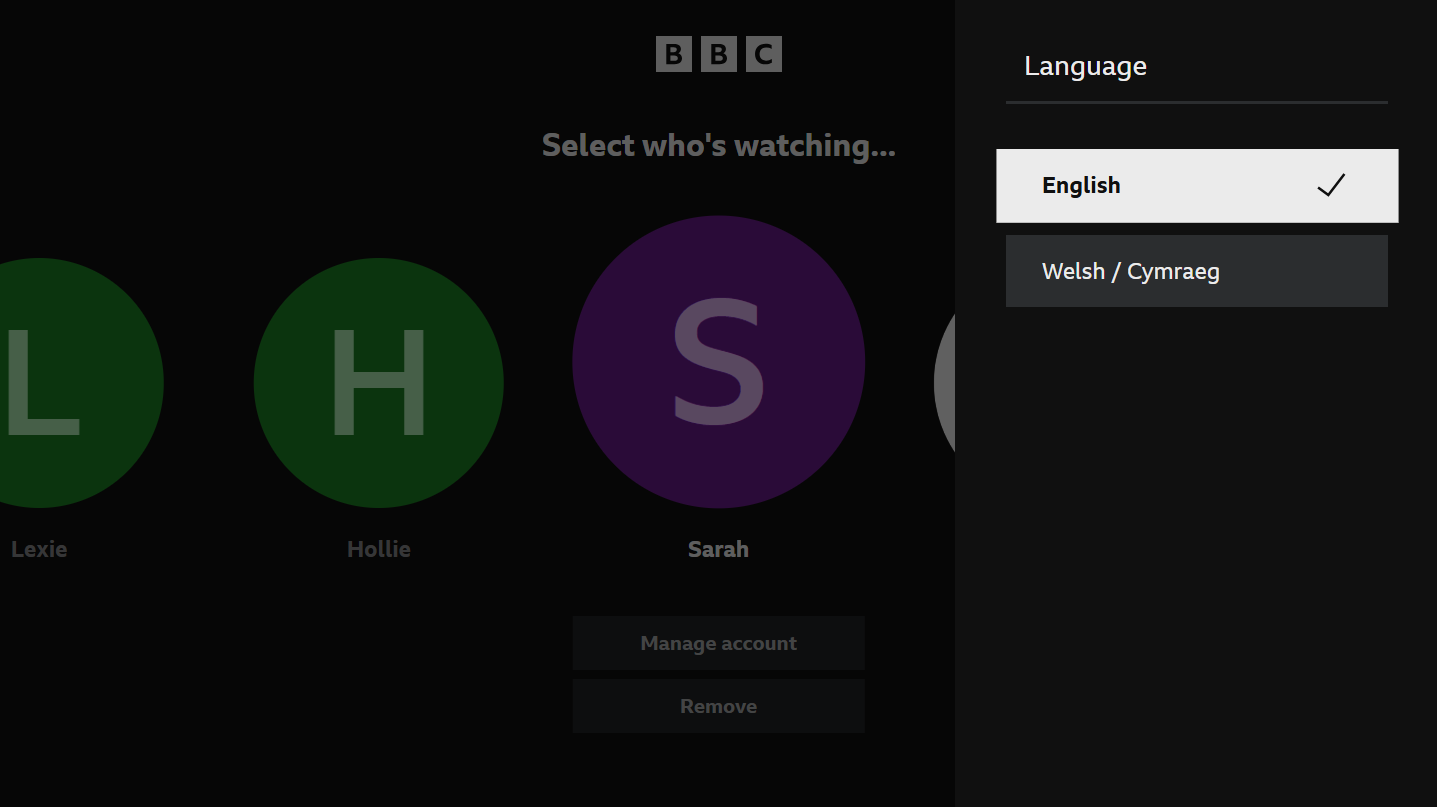 Image of the Select who's watching screen with the language options highlighted