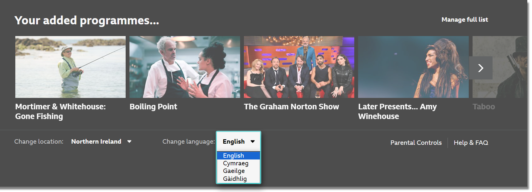 Screenshot of the language options on the BBC iPlayer website. The available options are open in a drop-down menu and highlighted