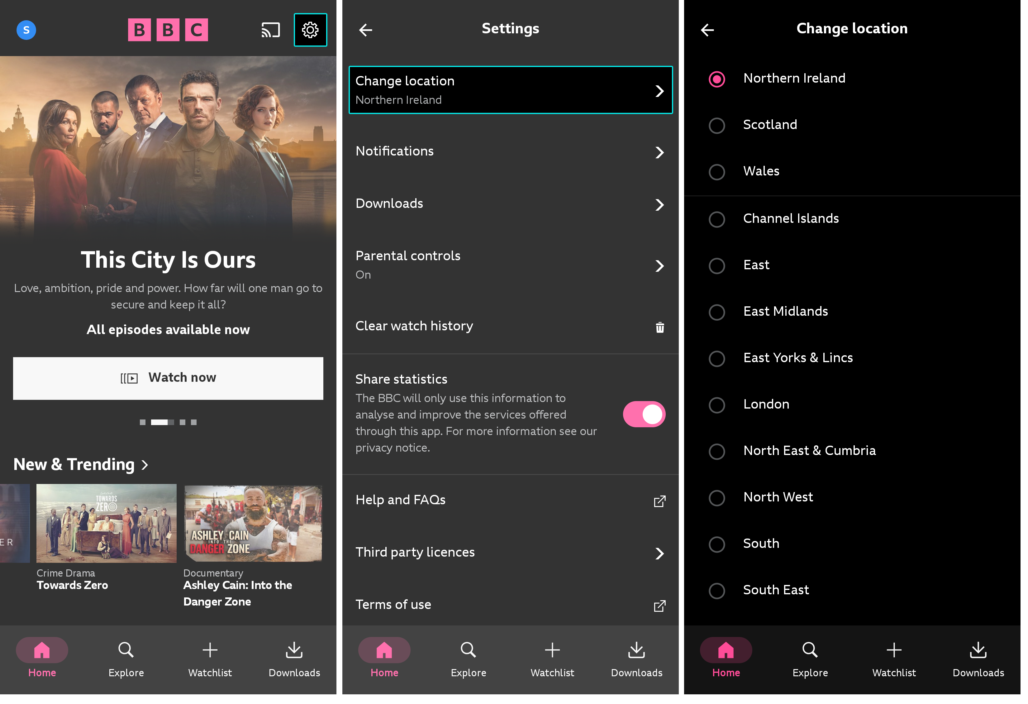 Three images from the iPlayer app. The first shows the homepage with the Settings icon highlighted. The second shows the Settings menu with the Location highlighted and the third is the Location menu