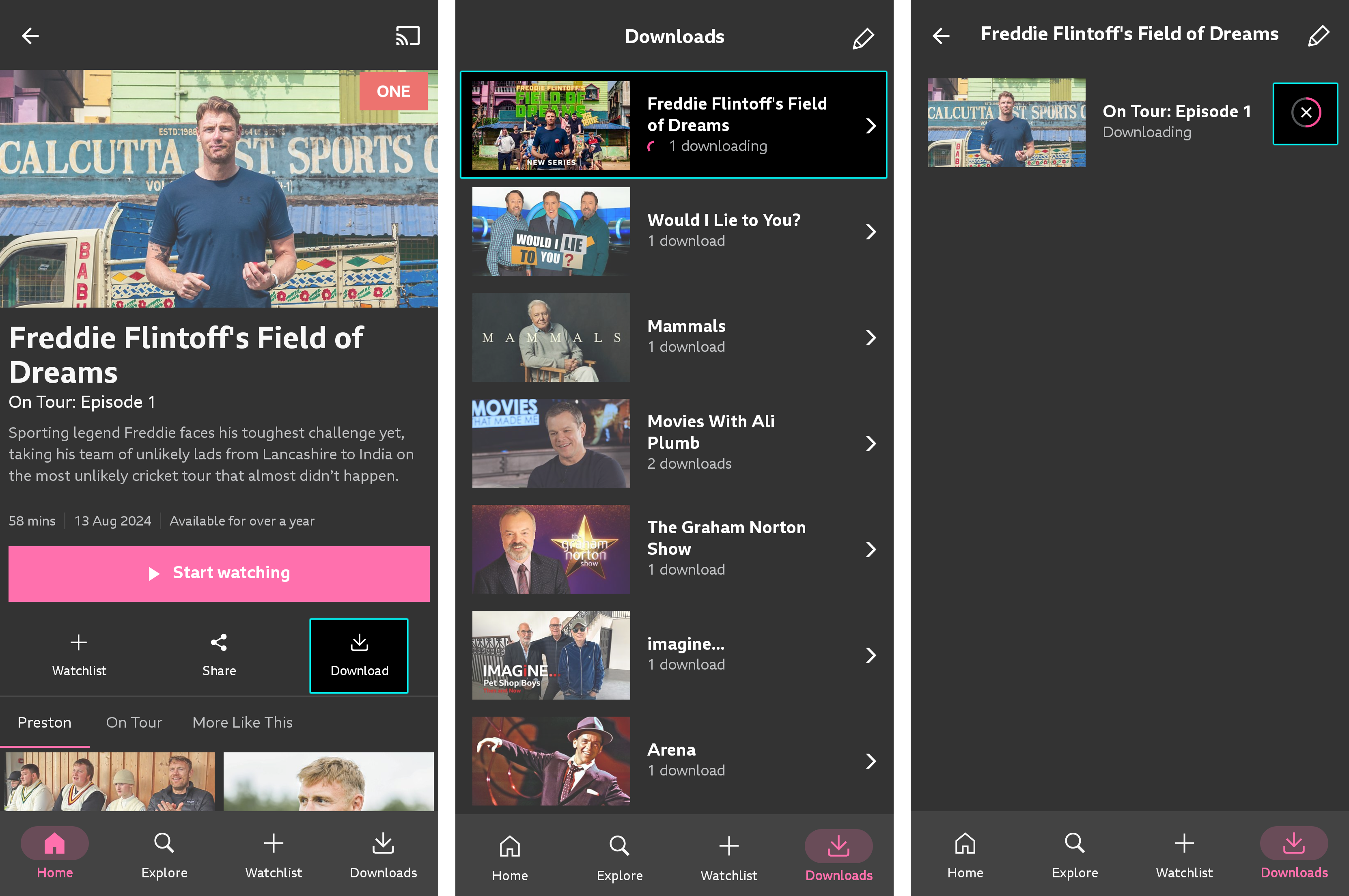 Three images from the iPlayer mobile app. The first shows a programme with the download option highlighted. The second shows the download menu with the downloading show progress highlighted. The third shows the download in progress with the progress/cancel button highloghted