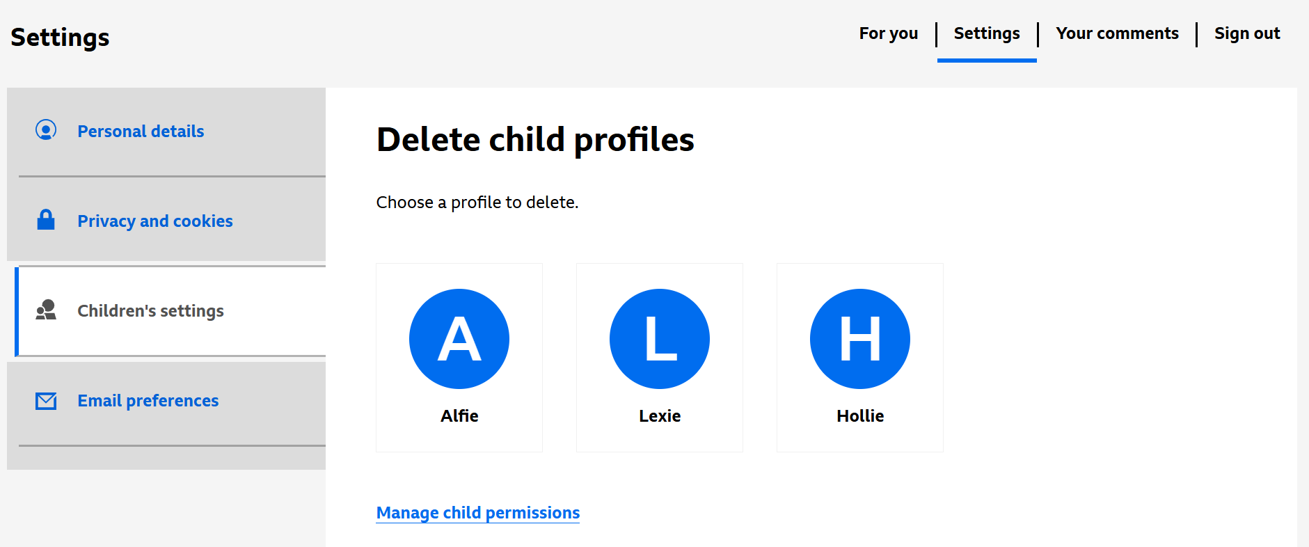 Image from the website showing the Settings menu with the Children's settings option highlighted on the left-hand side