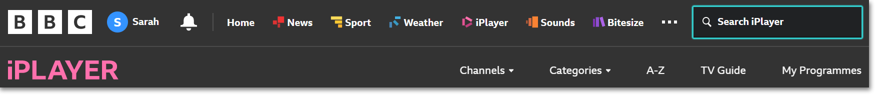 Screenshot of the top menus on the BBC iPlayer website, with the search bar highlighted on the far right