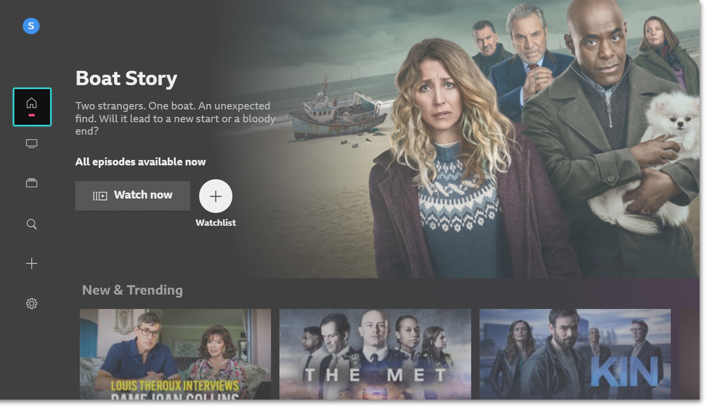 Image of the BBC iPlayer TV app open on the homescreen. The 'Home' icon is highlighted.