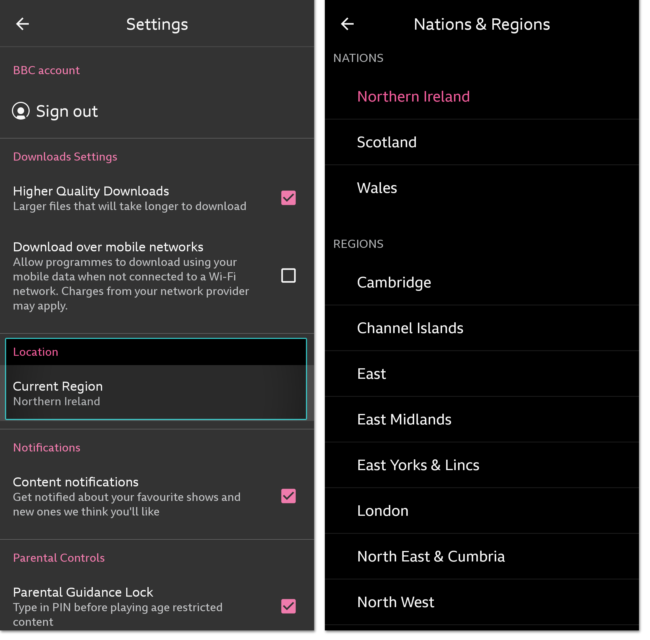 Two images of the BBC iPlayer mobile/tablet app. the first is highlighting the Settings icon and the second is showing the locations menu