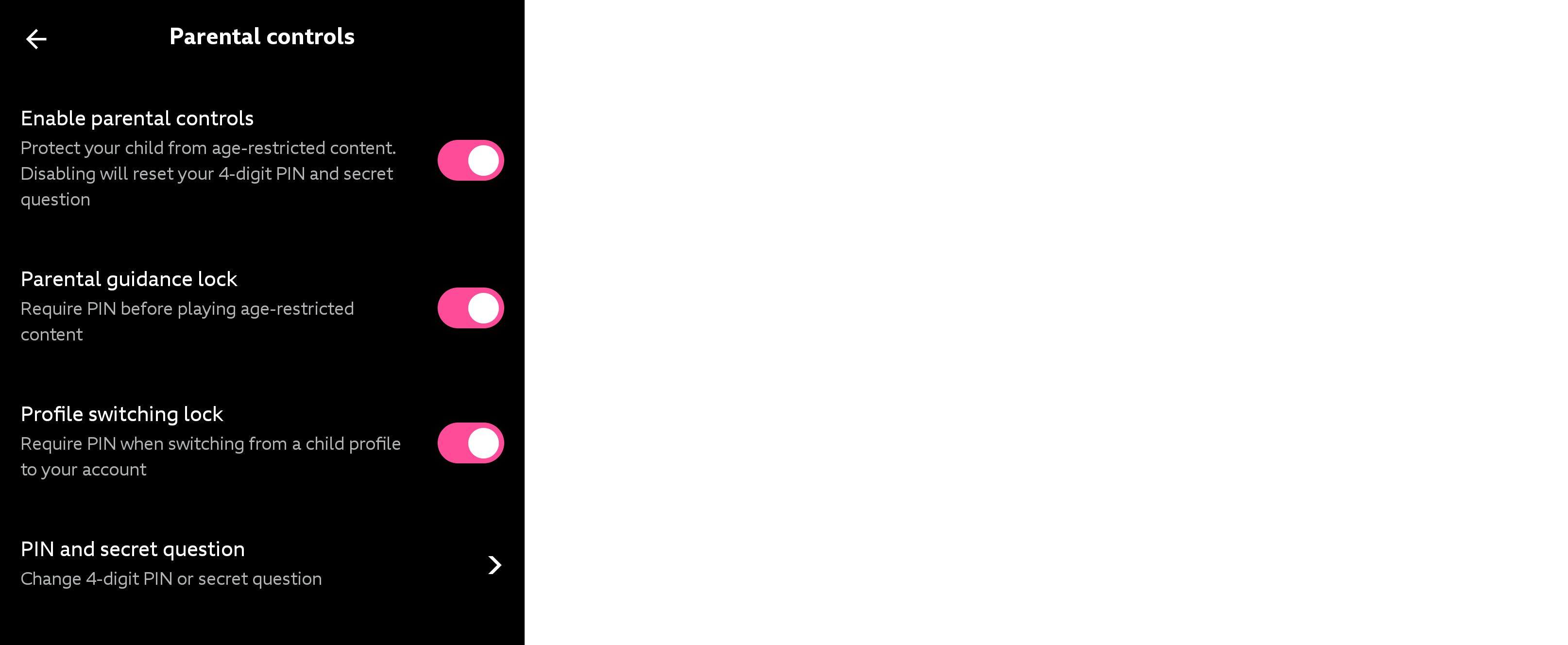 Image of the Parental controls options on the mobile app. All options are toggled to 'on'
