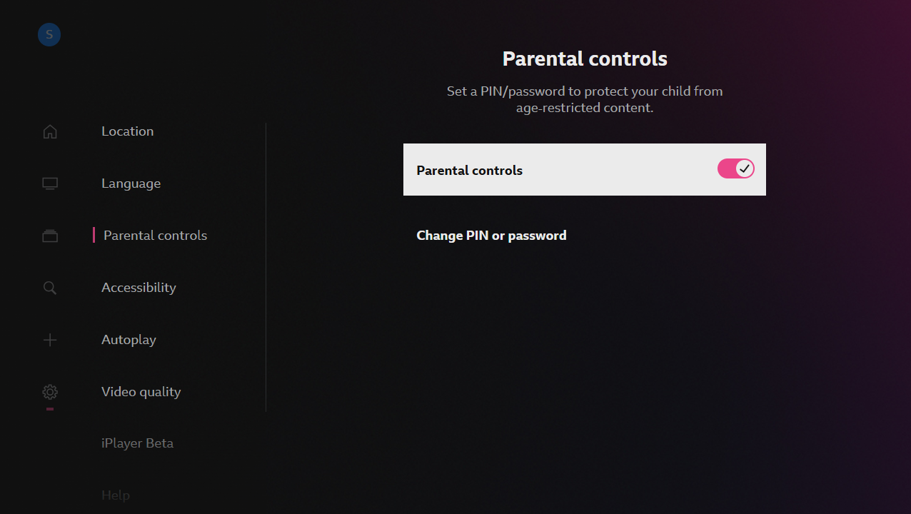 Image showing the parental controls menu of the iPlayer TV app. The control toggle is switched on and the option to update the PIN and password is visible