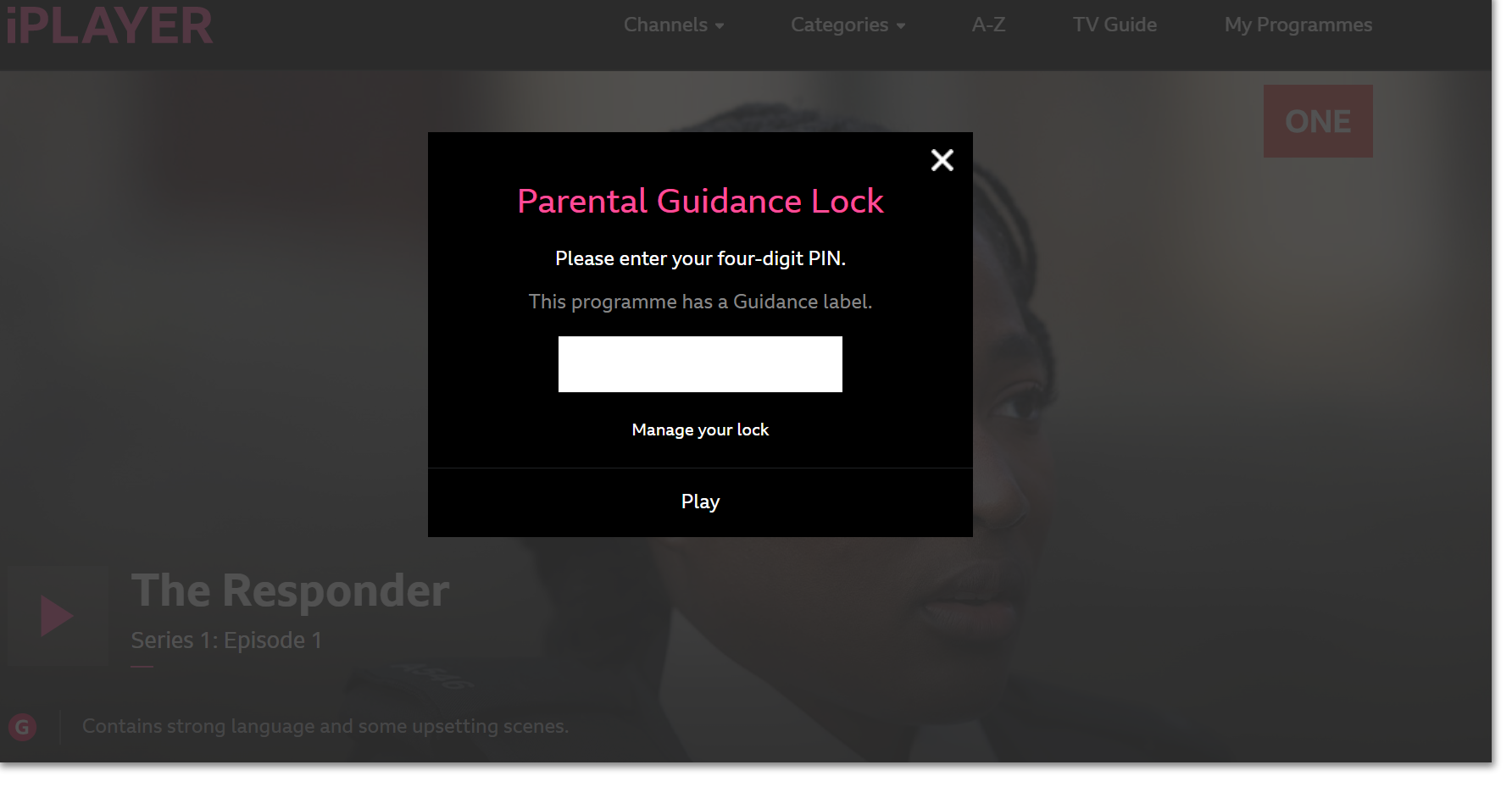Image of the Parental Guidance lock displaying when a new programme is selected