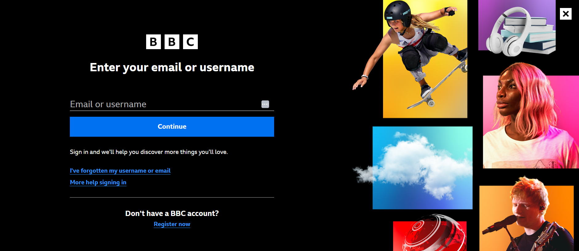 Image of the first sign in page on the BBC website asking the user for their email address