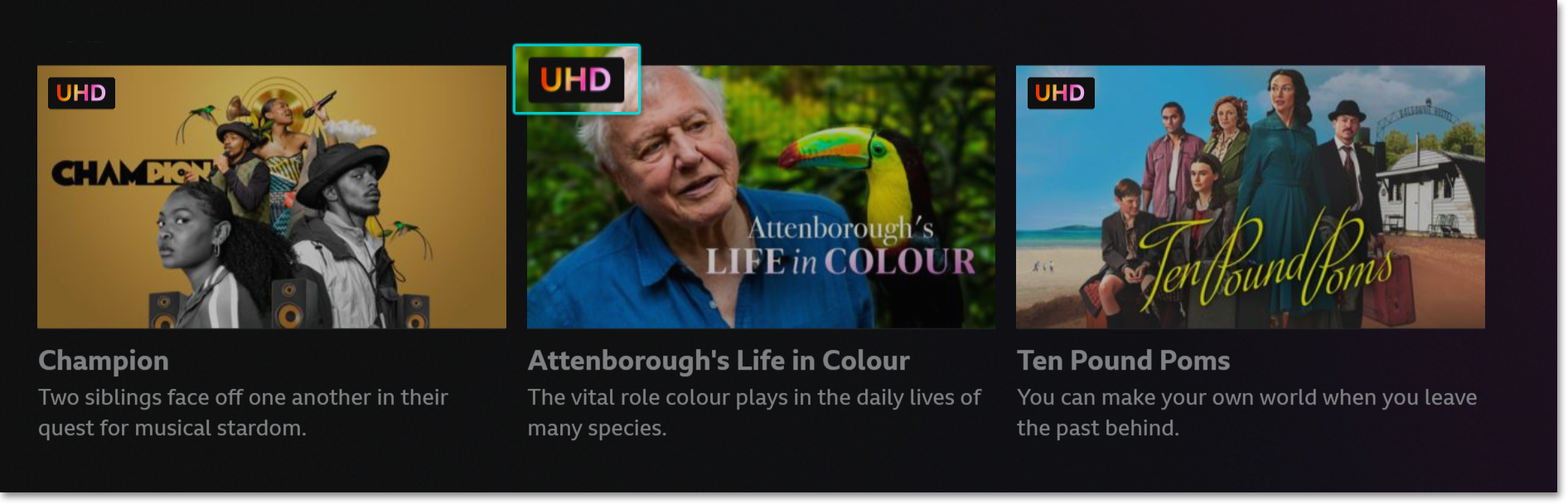Image showing three UHD programmes on the iPlayer TV app. The UHD logo is highlighted on all three programmes