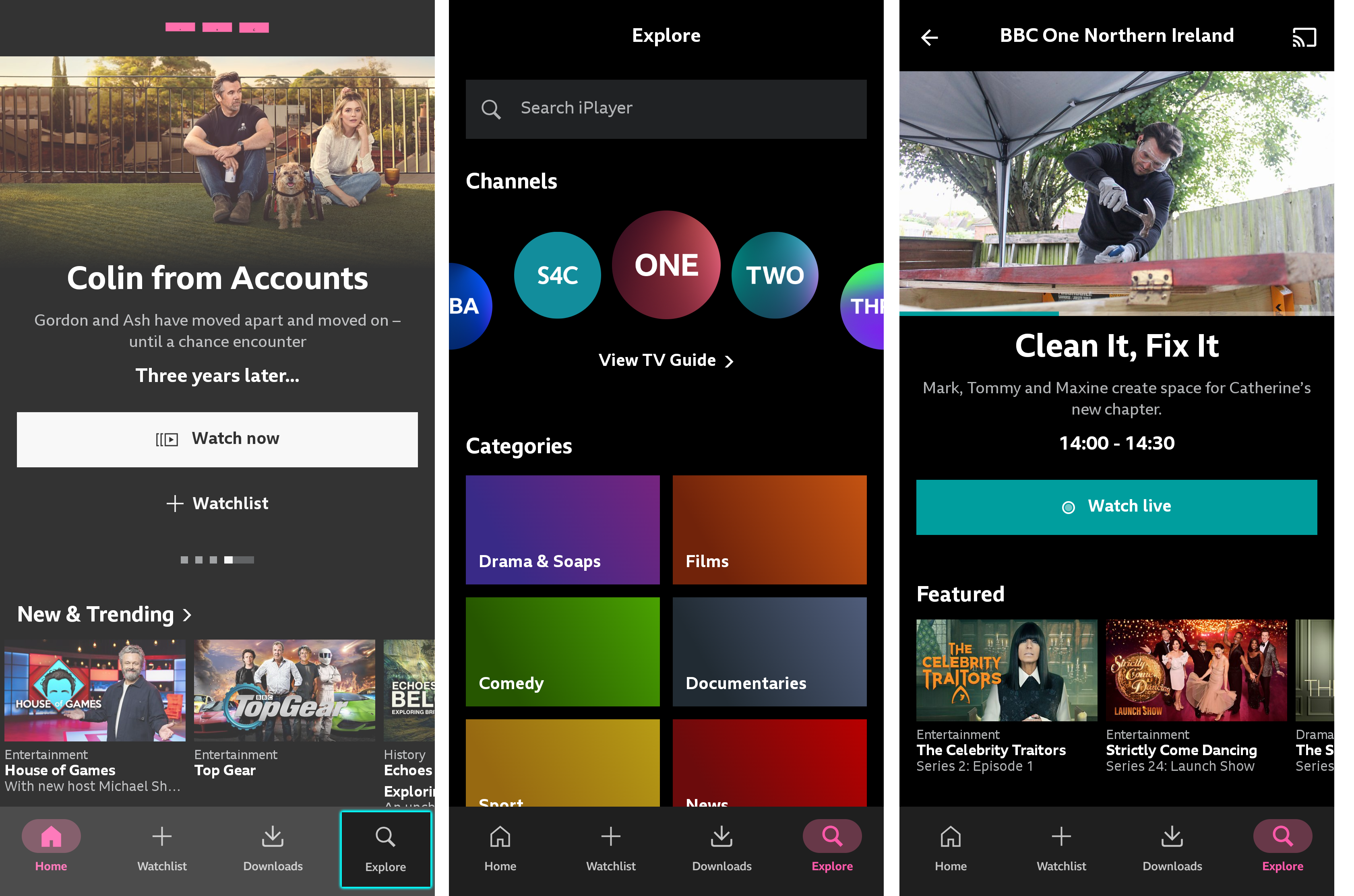 Three screenshots from the BBC iPlayer app. The first shows the homepage with the 'Explore' icon highlighted. The second shows the Explore menu and the third shows a channel page with the currently-playing programme displayed and ready to watch live