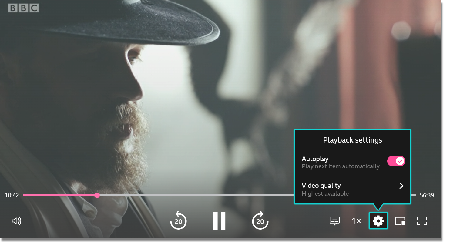 Image showing the playback screen on the website. The Settings cog has been selected and the autoplay and video settings options box is highlighted