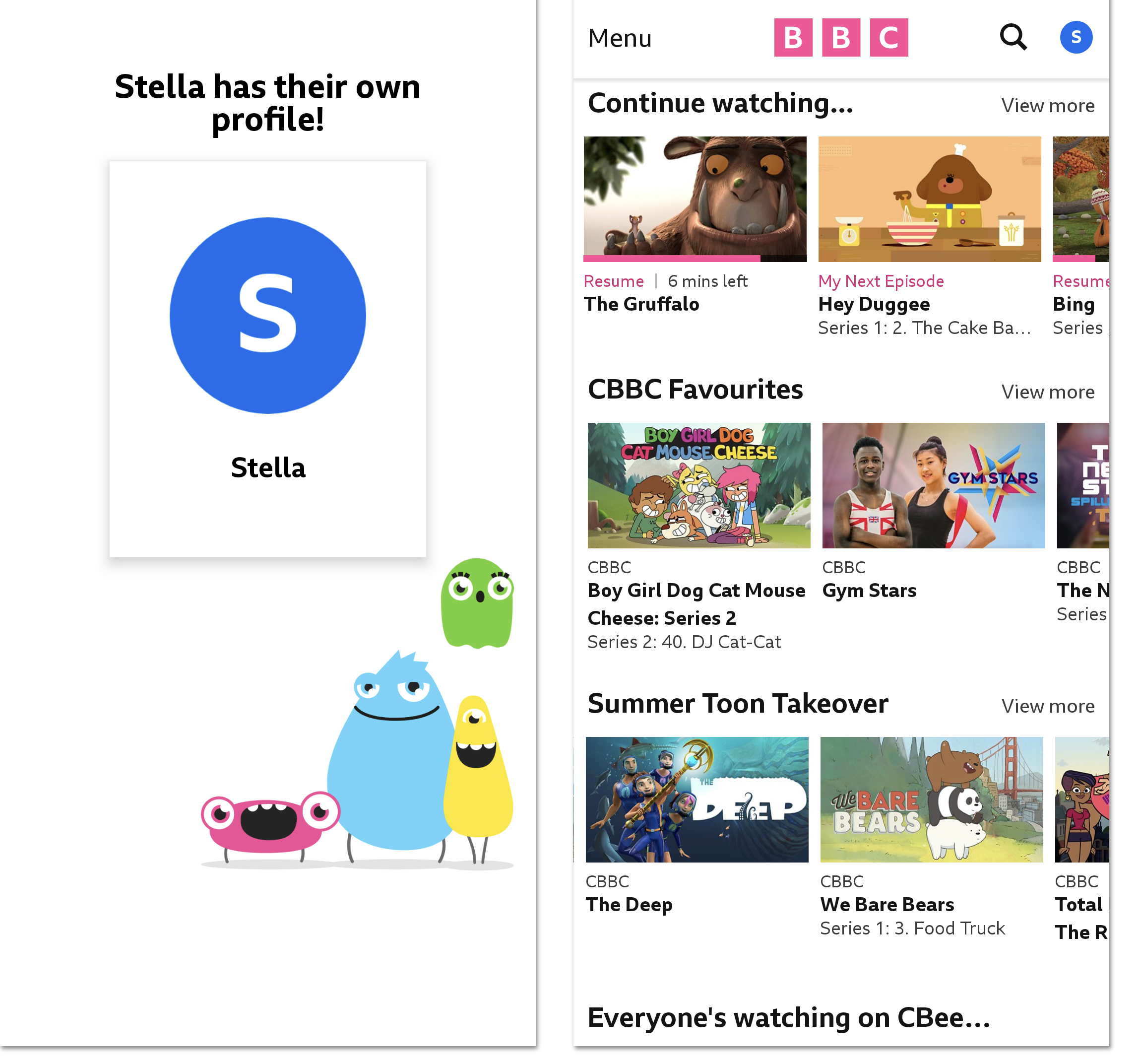 Two screenshots from the iPlayer mobile/tablet app. The first is confirming the creation of a new Child Profile, and the second shows the iPlayer app homepage when signed in as a child