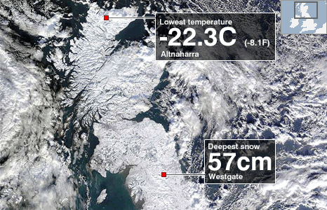 Map showing highest snowfall and lowest temperature