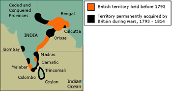 Map detail showing the British Empire territory in India