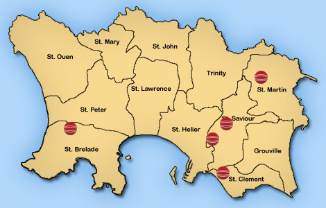 Map of Jersey with Cricket venues highlighted