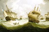 British ships and their captured prizes - battered by a storm which blew up the day after the battle