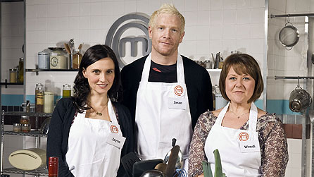 Celebrity Masterchef finalists: (L-R) Jayne Middlemiss, Iwan Thomas and Wendi Peters (image: BBC/Shine Ltd/Des Willie)