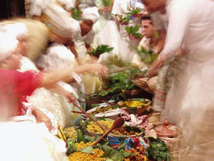 The Olugbajé feast. It is served in large leaves, and contains food sacred to all the deities. It is believed the food has healing powers.