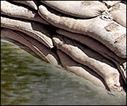 sandbags and floodwater