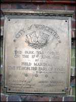 Plaque in Gheluvelt Park in Worcester