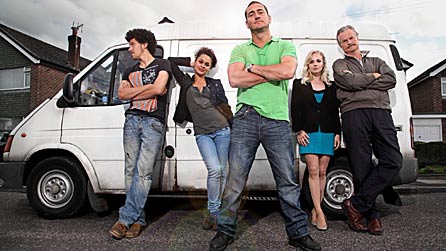 Will Mellor (front), Joel Fry, Naomi Bentley, Georgia Moffett and Clive Mantle star in White Van Man