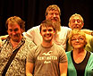Mitch Benn, Philip Ardagh, Barney Harwood, Michael Rosen and Kaye Umansky on stage