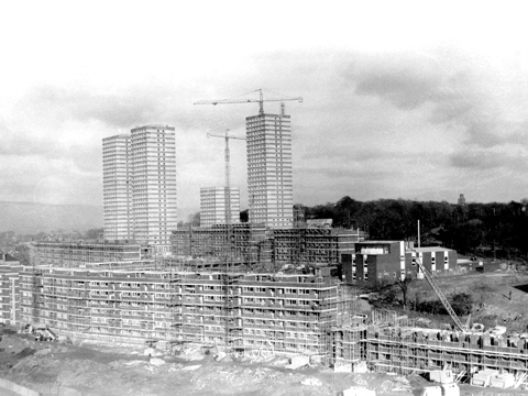 Black and white view of Balgrayhill Housing Estate under construction.