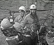 Radio cameramen suspended from the Old Man of Hoy, getting ready for the live transmission in 1967
