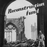 The Reconstruction Fund appeal poster, showing the damaged Regiment Chapel of Manchester Cathedral
