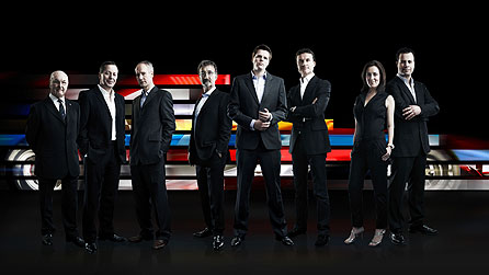 L to r: Murray Walker, Martin Brundle, Jonathan Legard, Eddie Jordan, Jake Humphrey, David Coulthard, Lee McKenzie and Ted Kravitz (image: BBC/Todd Antony)