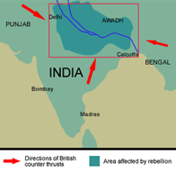 Map of India showing the areas affected by rebellion in 1857