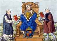 Henry VIII seated between Thomas Cranmer and Thomas Cromwell