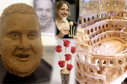 Prudence Emma Staite and her chocolate scuptures Chris Moyles' head, roses and the Colosseum in Rome.