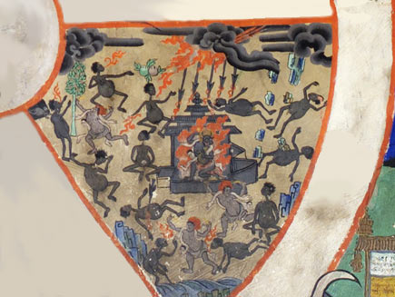 A section of the wheel diagram shows the abode of the hungry ghosts.  They are misshapen figures with huge bellies and tiny mouths.  They are suffering