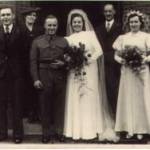 A happy ending. Two days late on 8 February 1945 ACW1 Marie Cranfield marries Private Ronald Ritson, RAMC, at St Chad's Church, South Norwood, London. Also in the photograph are the bride's parents, bridesmaid Joyce Cranfield and Best man Tom Ritson.
