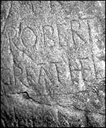 Name "Robert Greathed" carved on wall by Civil War prisoner