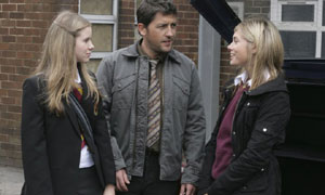 Waterloo Road: (L-R) Chlo Grainger (Katie Griffiths), Tom Clarkson (Jason Done) and Mika Grainger (lauren Drummond)