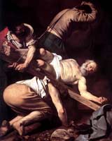 Peter shown wearing only a loincloth and nailed to a cross, being heaved into a vertical upside-down position by three men