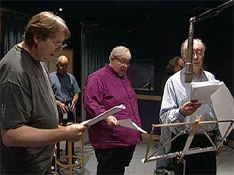 Mark Wing-Davey (Zaphod), Richard Griffiths (Slartibartfast) and Simon Jones (Arthur)