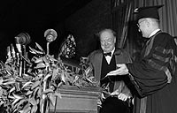 President Truman introduces Winston Churchill for his 'Iron Curtain' speech, Fulton, Missouri, 5 March 1946