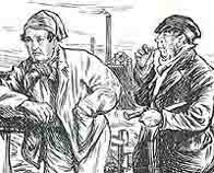 Two concerned looking men standing by a fence with heavy industry factory as a backdrop to the illustration