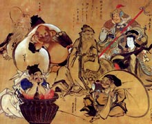Group of seven smiling gods painted in various styles