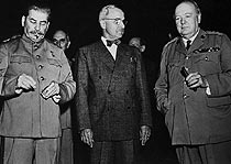 Allied leaders - Joseph Stalin, Harry S Truman and Winston Churchill - at Potsdam Conference, 1945
