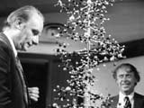James Watson and the late Francis Crick with a DNA helix model
