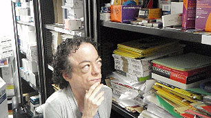Liz Carr pondering the stationery