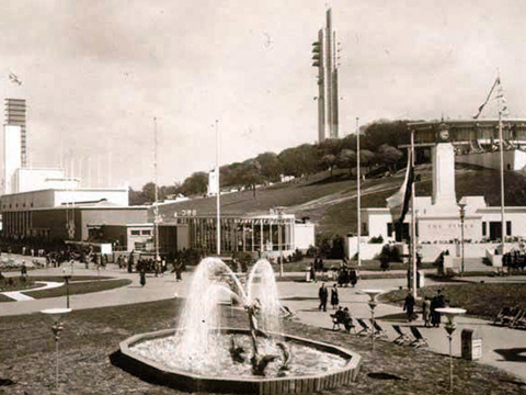 Black and white view of Bellahouston Park showing fountain, pavilions and tower that formed part of the Empire Exhibition.