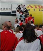 England fans boarding the plane to Portugal
