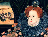 Queen Elizabeth I of England in a portrait commemorating the defeat of the Spanish Armada.  The ships are seen in the background
